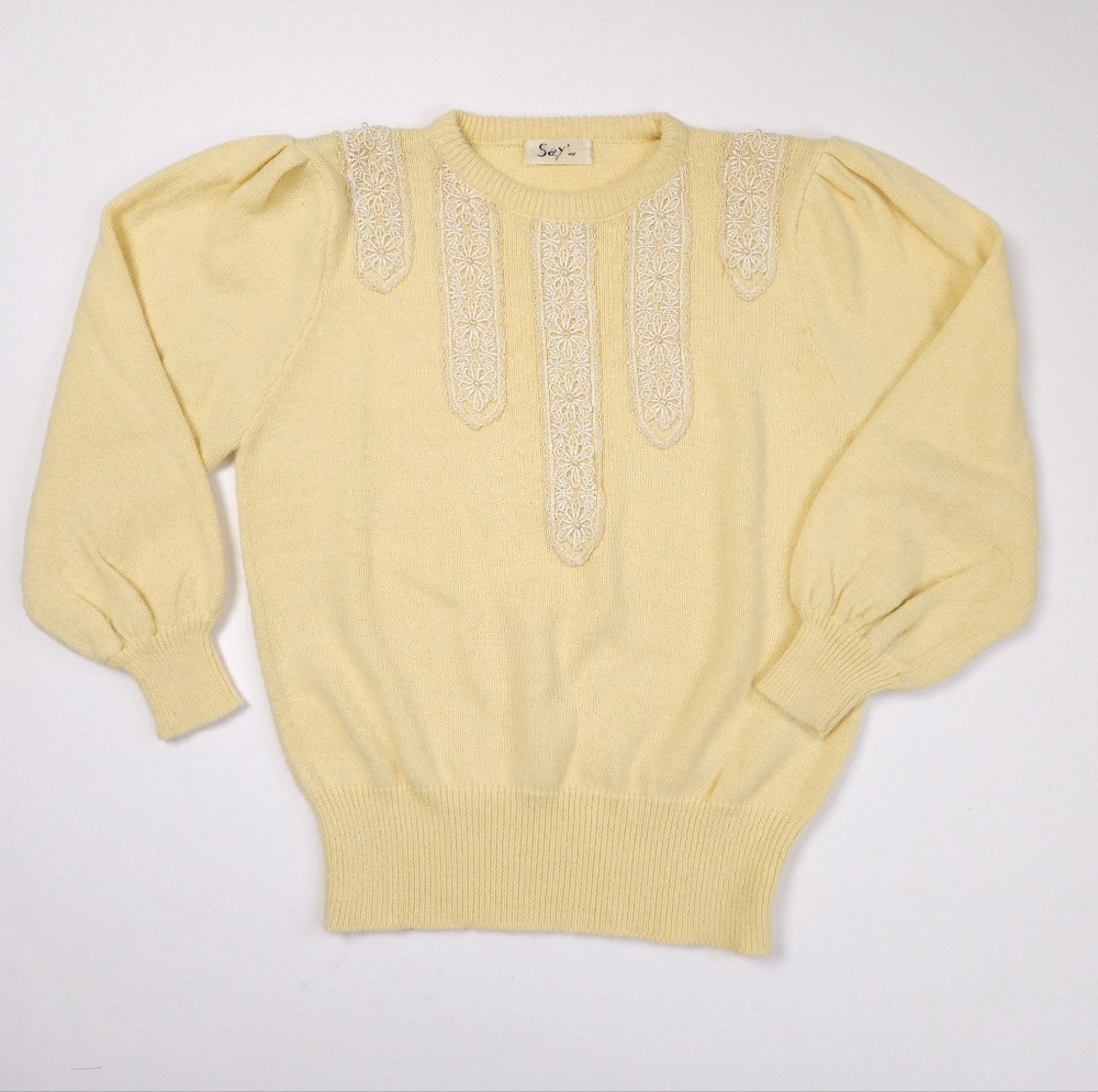 Say So Yellow Vintage Puffed Sleeved Sweater Lace Beads Women's Small